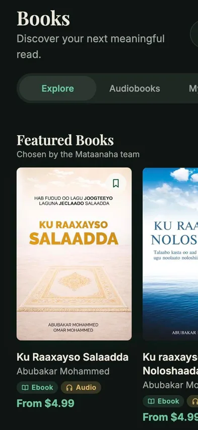 The Books tab: featured Somali books with ebook and audio formats