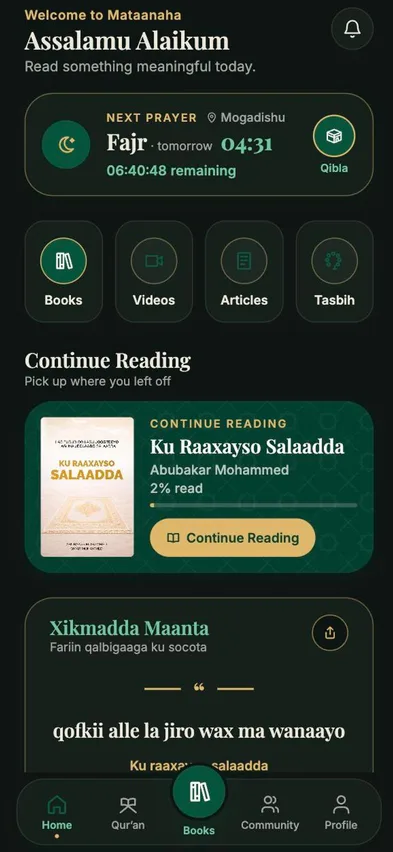 The Mataanaha home screen: next prayer time, quick links and Continue Reading