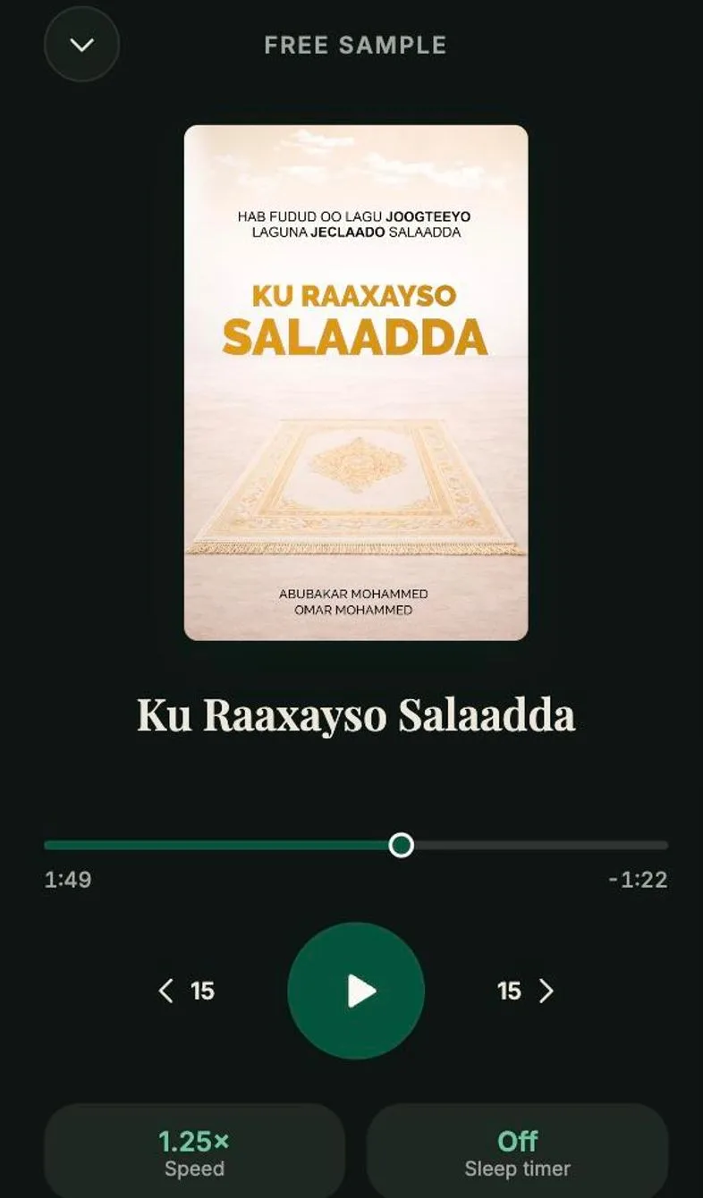 The audiobook player: cover, progress, 15-second skips, playback speed and sleep timer